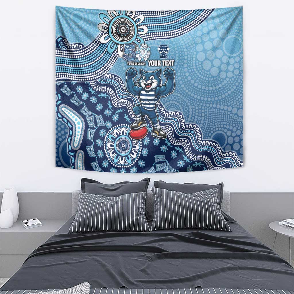 Personalized Geelong Cats Football Mascot Tapestry Aboriginal Dot Art Style Vibrant Indigenous Pattern Design