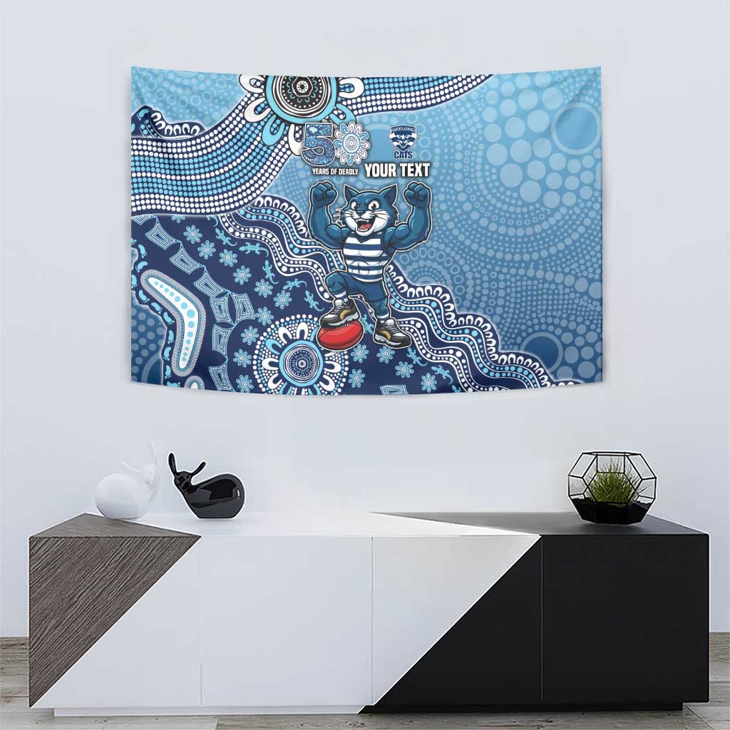 Personalized Geelong Cats Football Mascot Tapestry Aboriginal Dot Art Style Vibrant Indigenous Pattern Design