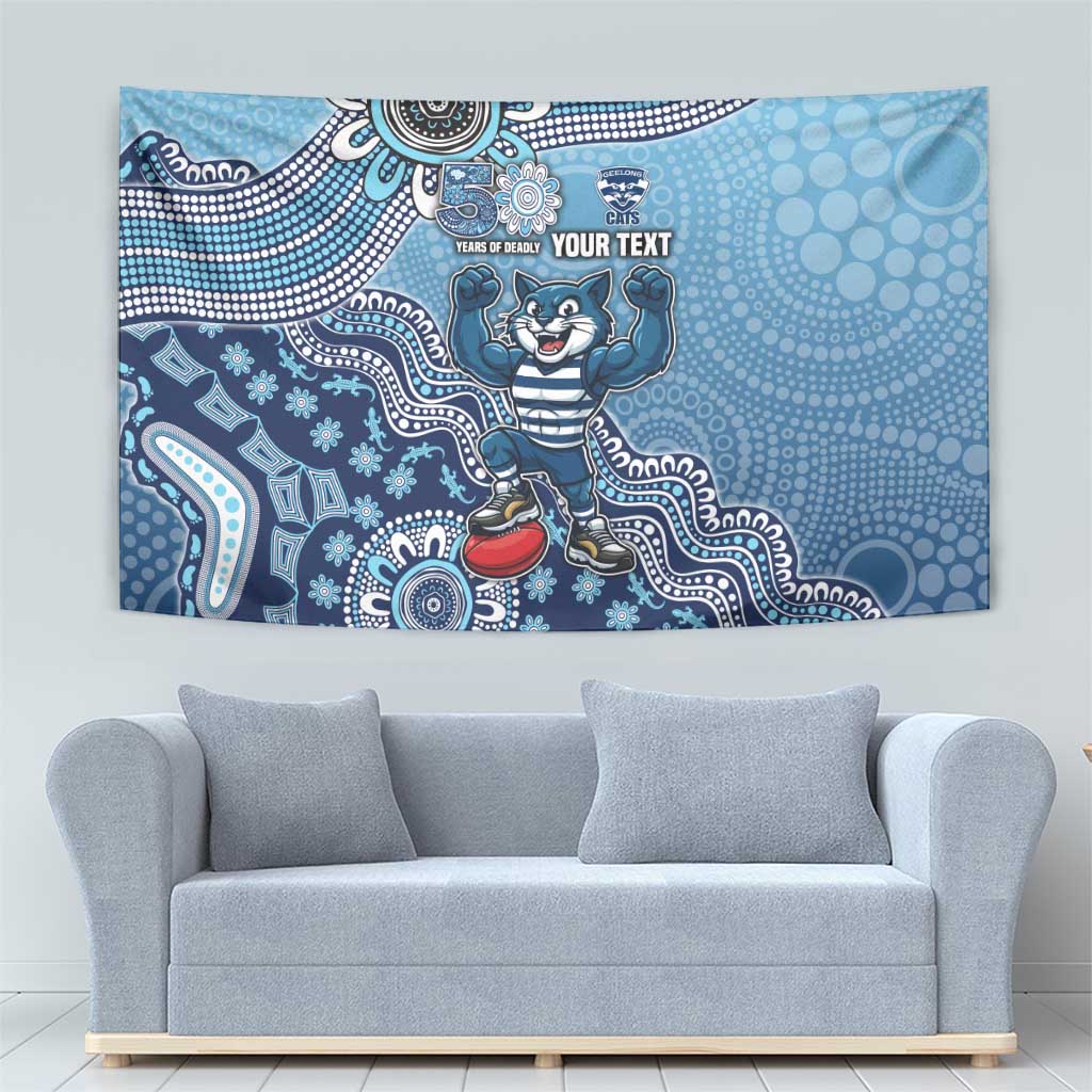 Personalized Geelong Cats Football Mascot Tapestry Aboriginal Dot Art Style Vibrant Indigenous Pattern Design