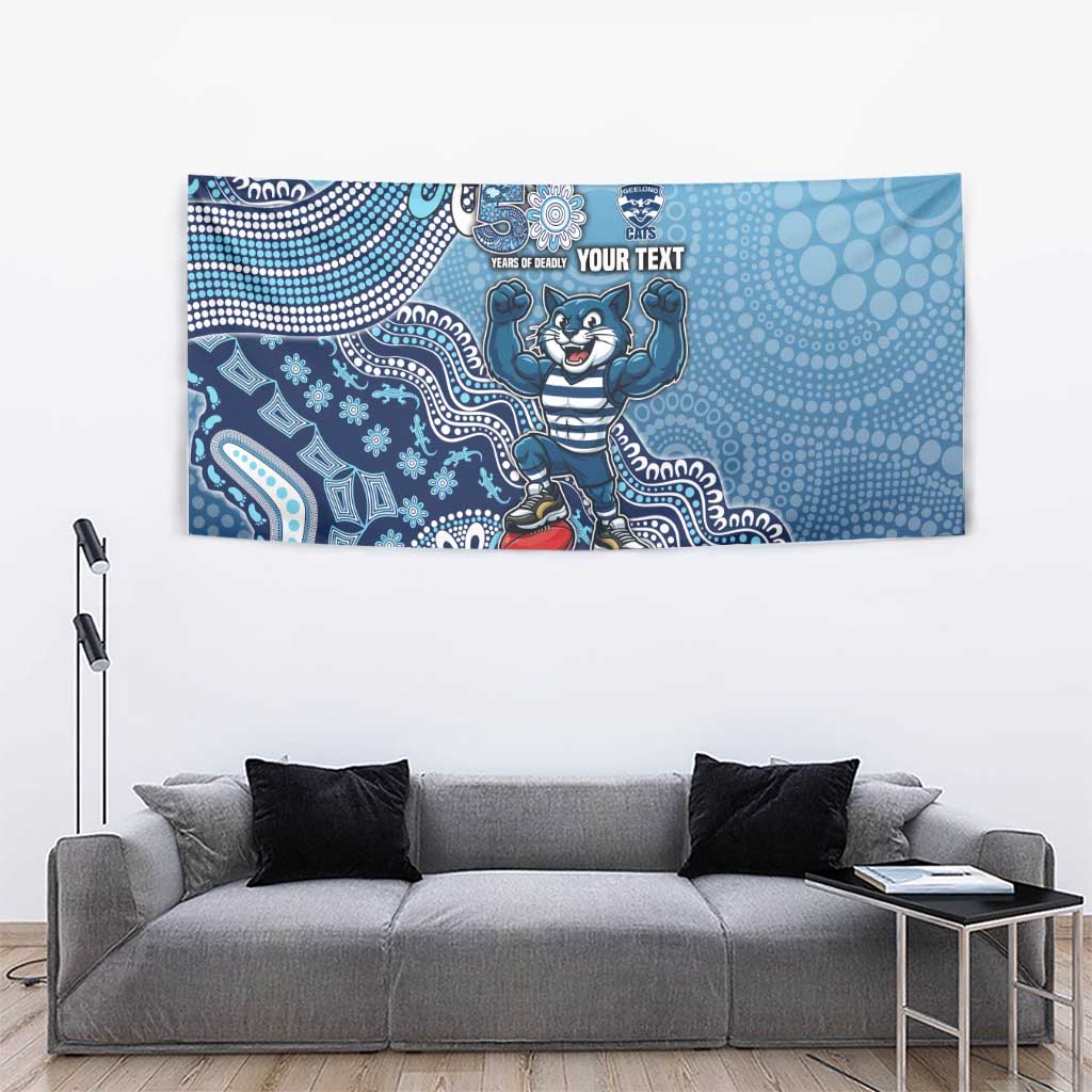 Personalized Geelong Cats Football Mascot Tapestry Aboriginal Dot Art Style Vibrant Indigenous Pattern Design