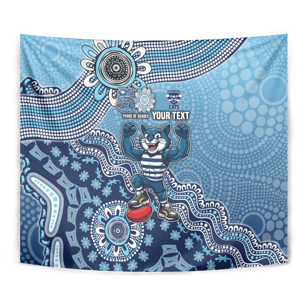 Personalized Geelong Cats Football Mascot Tapestry Aboriginal Dot Art Style Vibrant Indigenous Pattern Design