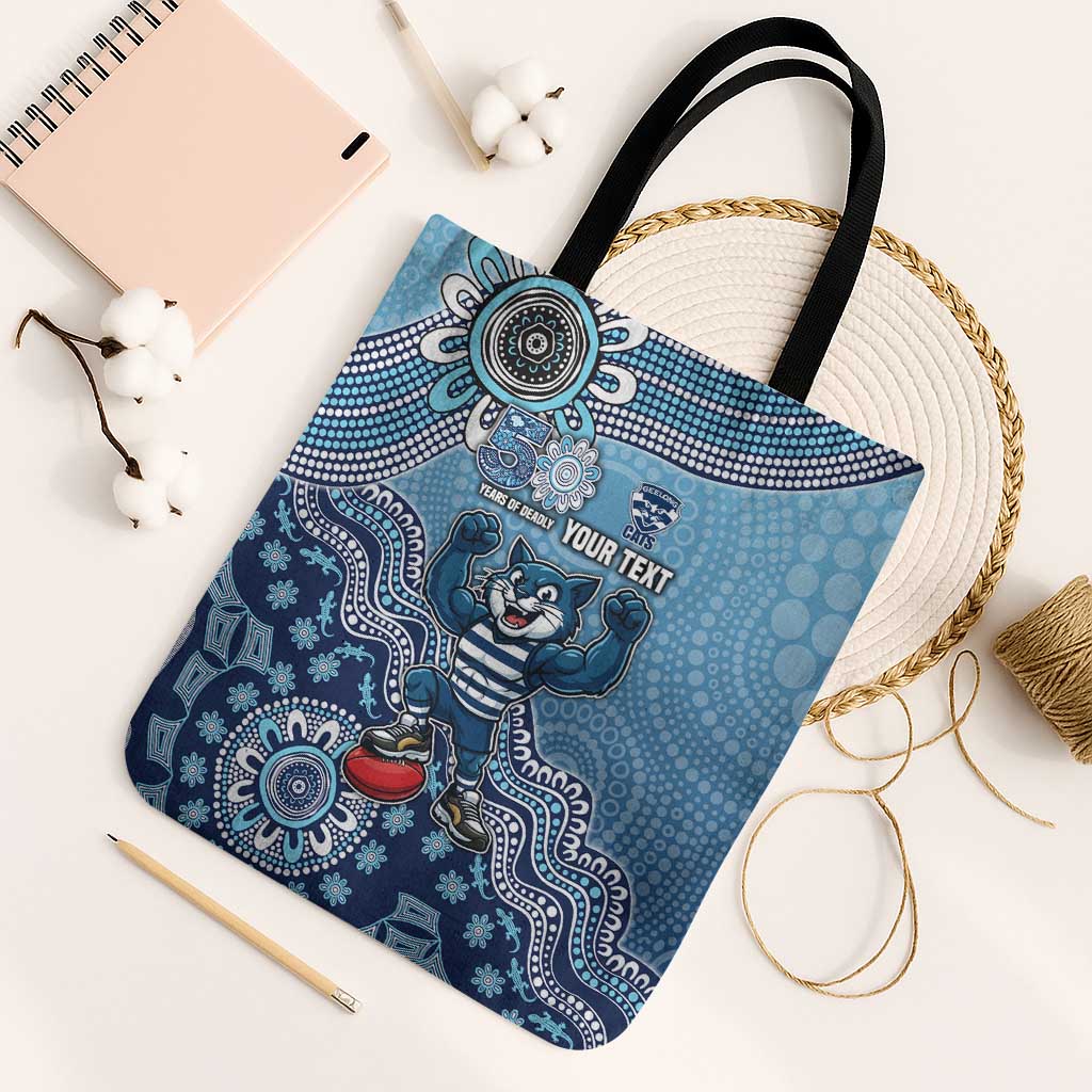 Personalized Geelong Cats Football Mascot Tote Bag Aboriginal Dot Art Style Vibrant Indigenous Pattern Design