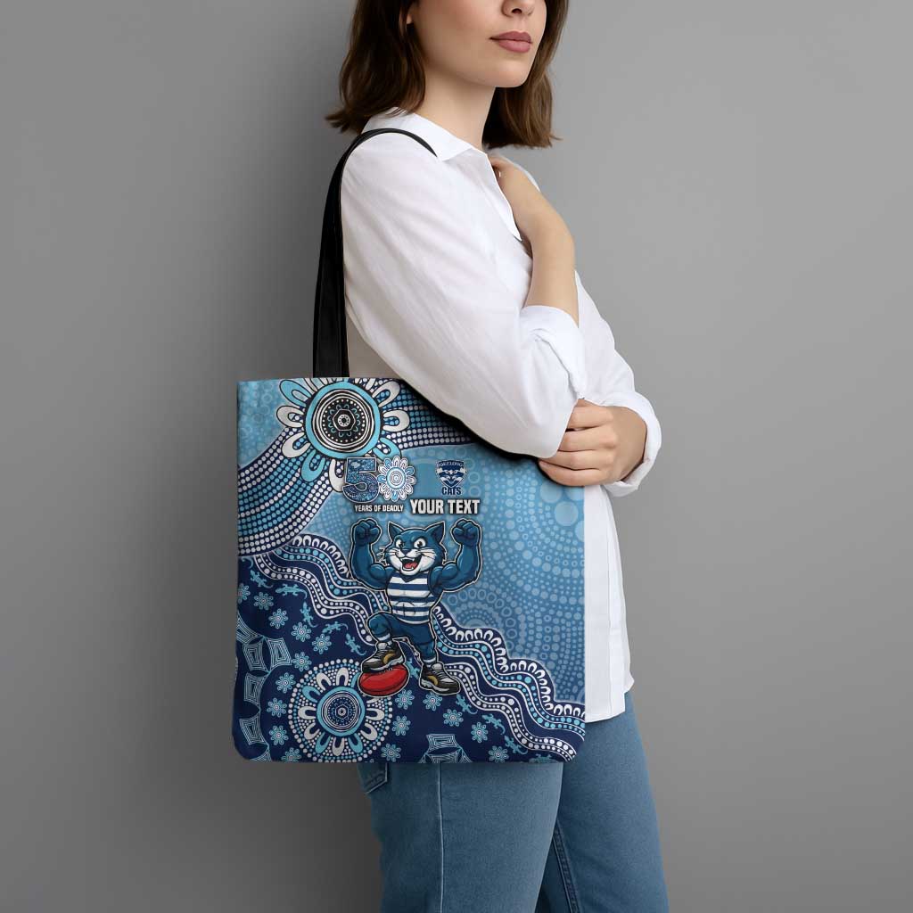 Personalized Geelong Cats Football Mascot Tote Bag Aboriginal Dot Art Style Vibrant Indigenous Pattern Design