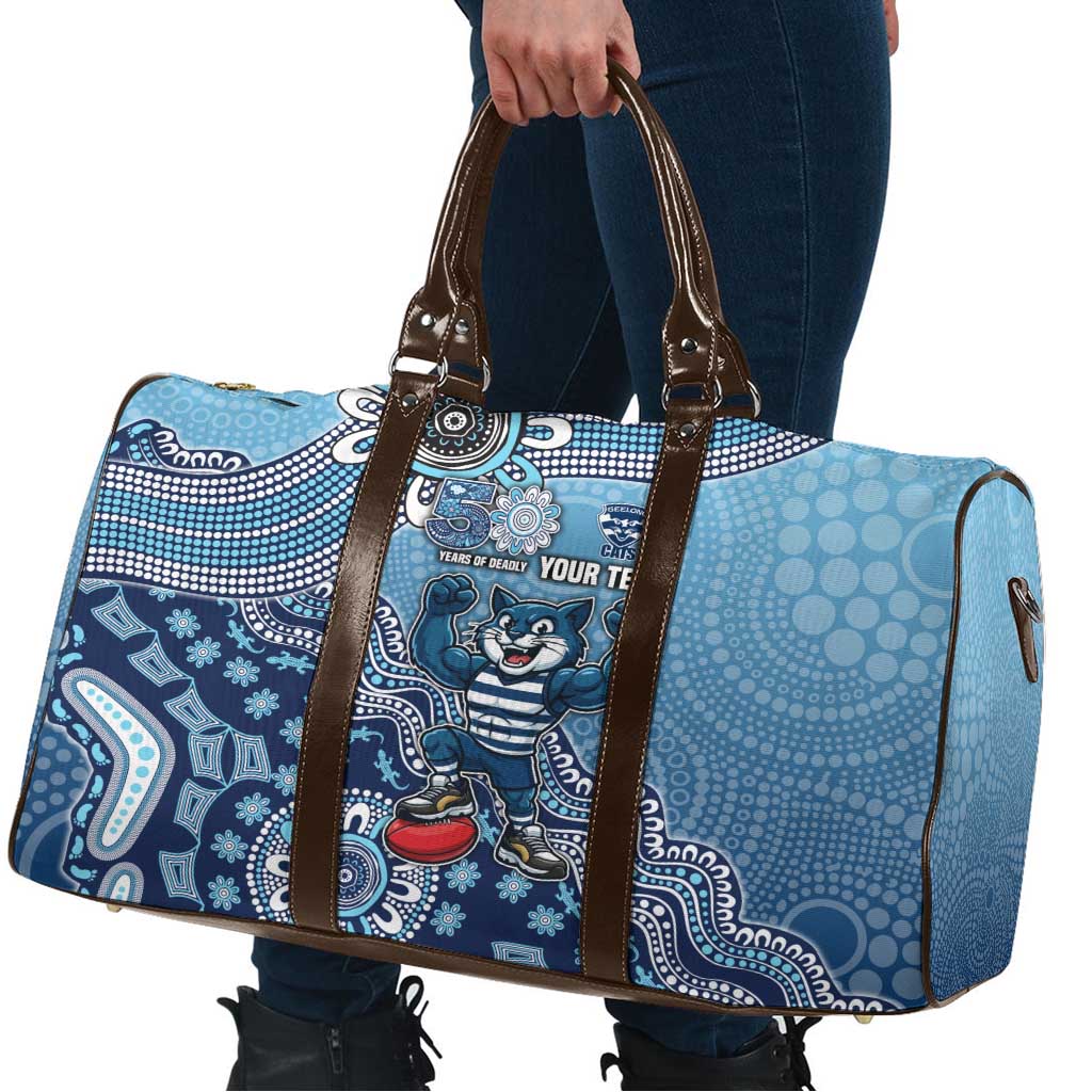 Personalized Geelong Cats Football Mascot Travel Bag Aboriginal Dot Art Style Vibrant Indigenous Pattern Design