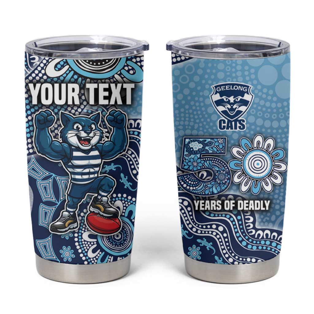 Personalized Geelong Cats Football Mascot Tumbler Cup Aboriginal Dot Art Style Vibrant Indigenous Pattern Design
