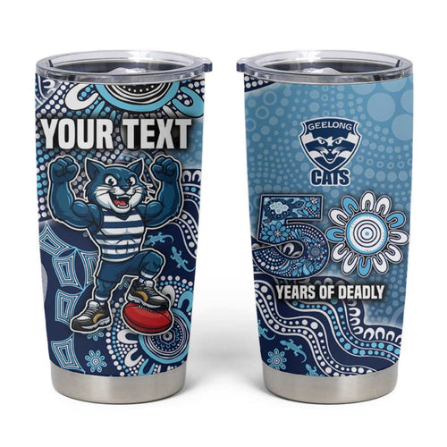 Personalized Geelong Cats Football Mascot Tumbler Cup Aboriginal Dot Art Style Vibrant Indigenous Pattern Design