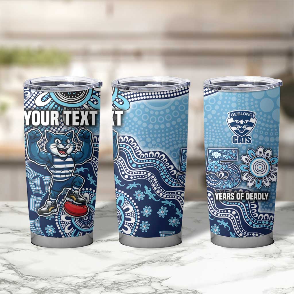 Personalized Geelong Cats Football Mascot Tumbler Cup Aboriginal Dot Art Style Vibrant Indigenous Pattern Design