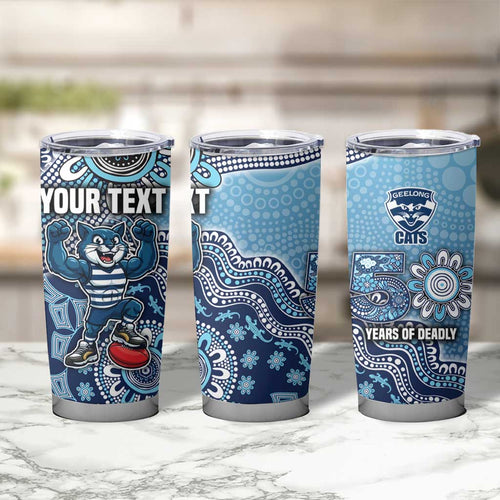 Personalized Geelong Cats Football Mascot Tumbler Cup Aboriginal Dot Art Style Vibrant Indigenous Pattern Design