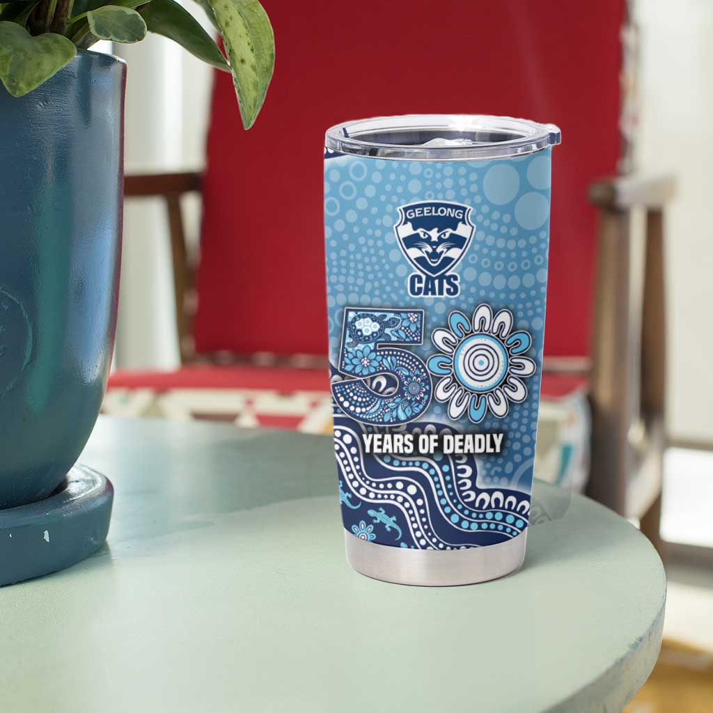 Personalized Geelong Cats Football Mascot Tumbler Cup Aboriginal Dot Art Style Vibrant Indigenous Pattern Design