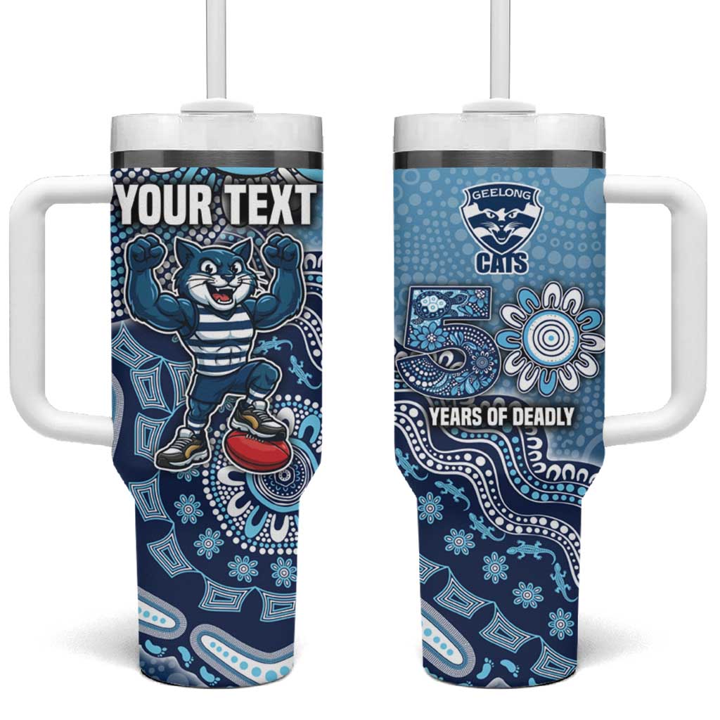 Personalized Geelong Cats Football Mascot Tumbler With Handle Aboriginal Dot Art Style Vibrant Indigenous Pattern Design