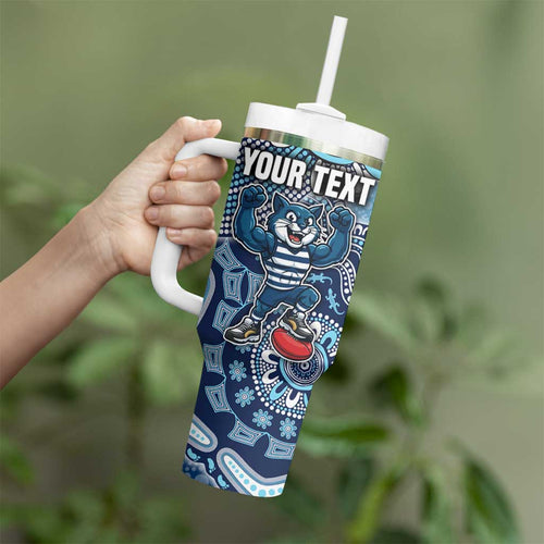 Personalized Geelong Cats Football Mascot Tumbler With Handle Aboriginal Dot Art Style Vibrant Indigenous Pattern Design