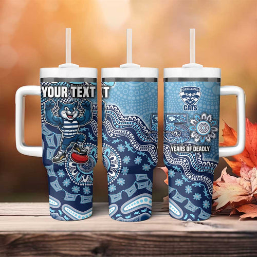 Personalized Geelong Cats Football Mascot Tumbler With Handle Aboriginal Dot Art Style Vibrant Indigenous Pattern Design