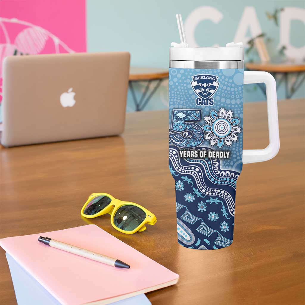 Personalized Geelong Cats Football Mascot Tumbler With Handle Aboriginal Dot Art Style Vibrant Indigenous Pattern Design