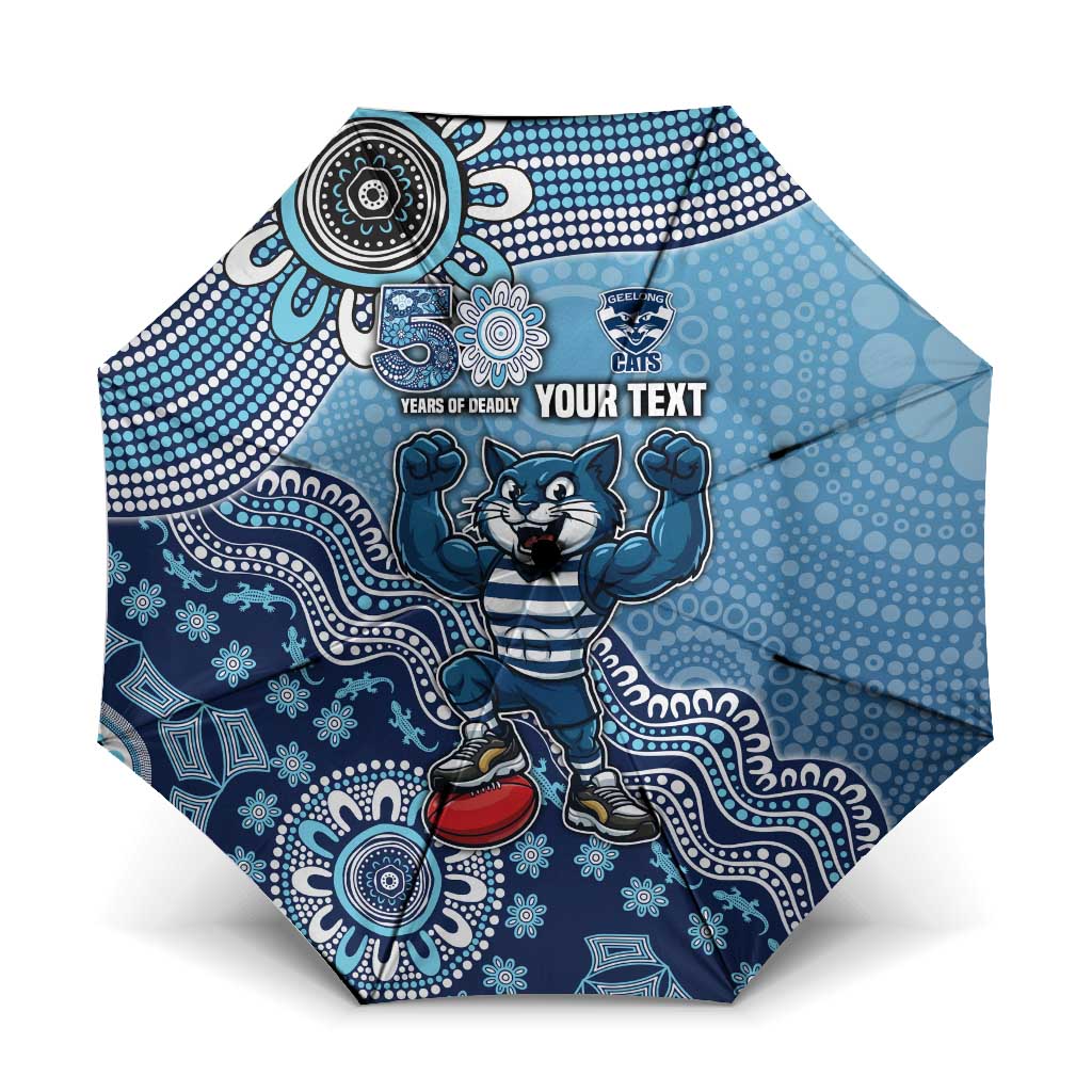 Personalized Geelong Cats Football Mascot Umbrella Aboriginal Dot Art Style Vibrant Indigenous Pattern Design