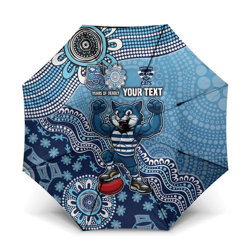 Personalized Geelong Cats Football Mascot Umbrella Aboriginal Dot Art Style Vibrant Indigenous Pattern Design