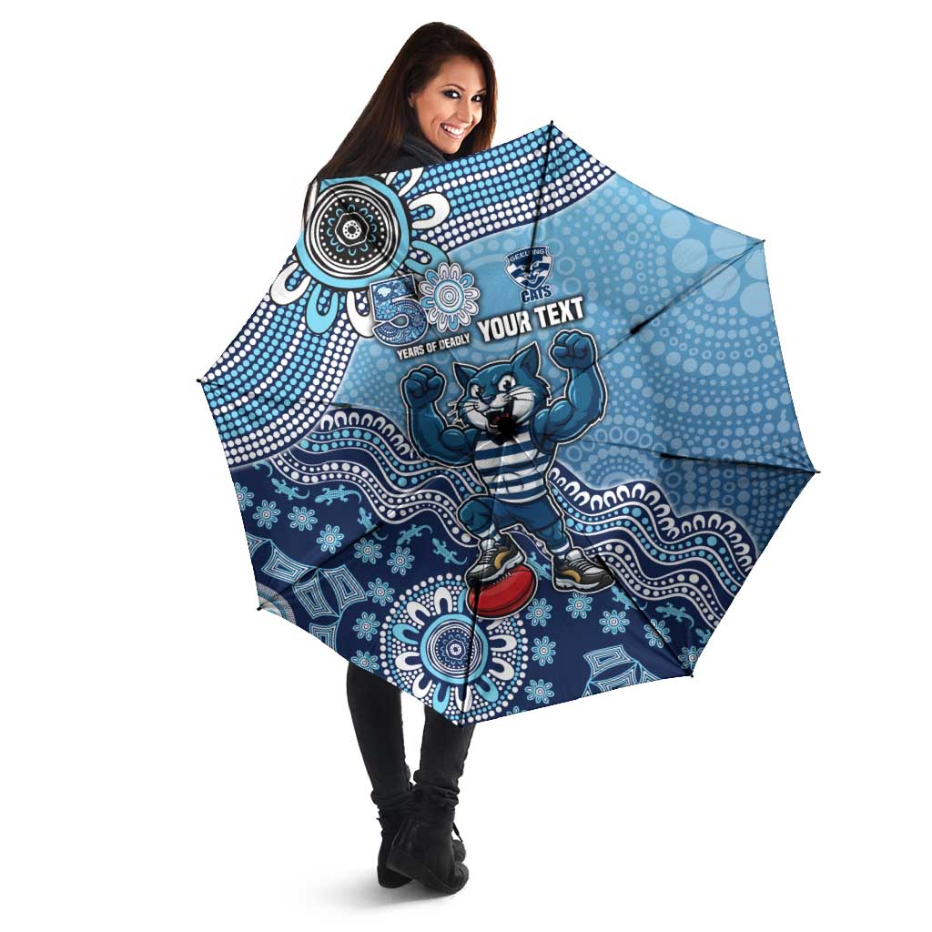 Personalized Geelong Cats Football Mascot Umbrella Aboriginal Dot Art Style Vibrant Indigenous Pattern Design