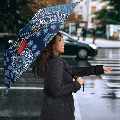 Personalized Geelong Cats Football Mascot Umbrella Aboriginal Dot Art Style Vibrant Indigenous Pattern Design
