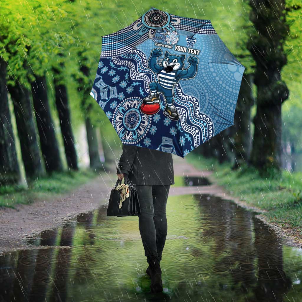 Personalized Geelong Cats Football Mascot Umbrella Aboriginal Dot Art Style Vibrant Indigenous Pattern Design