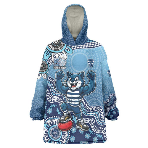 Personalized Geelong Cats Football Mascot Wearable Blanket Hoodie Aboriginal Dot Art Style Vibrant Indigenous Pattern Design