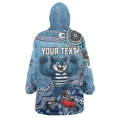 Personalized Geelong Cats Football Mascot Wearable Blanket Hoodie Aboriginal Dot Art Style Vibrant Indigenous Pattern Design