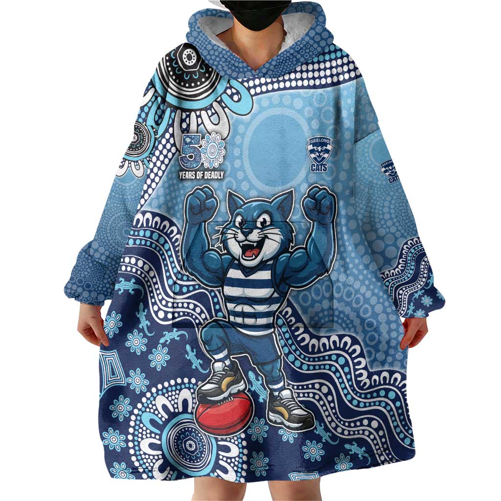 Personalized Geelong Cats Football Mascot Wearable Blanket Hoodie Aboriginal Dot Art Style Vibrant Indigenous Pattern Design