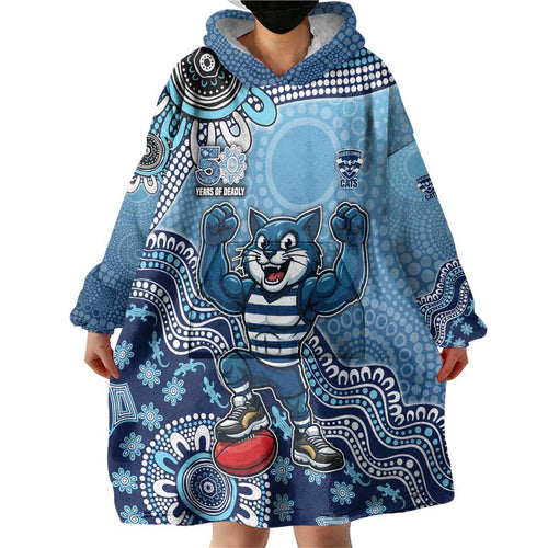 Personalized Geelong Cats Football Mascot Wearable Blanket Hoodie Aboriginal Dot Art Style Vibrant Indigenous Pattern Design