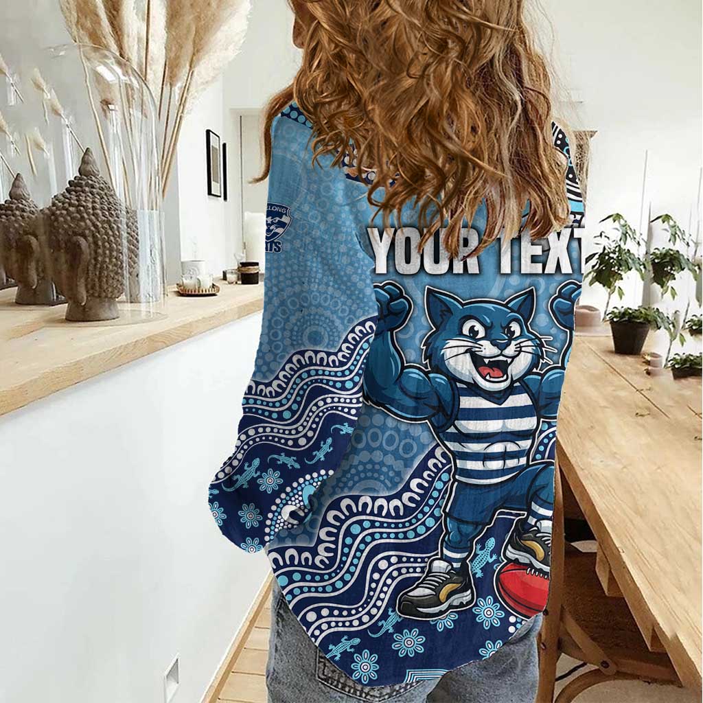 Personalized Geelong Cats Football Mascot Women Casual Shirt Aboriginal Dot Art Style Vibrant Indigenous Pattern Design