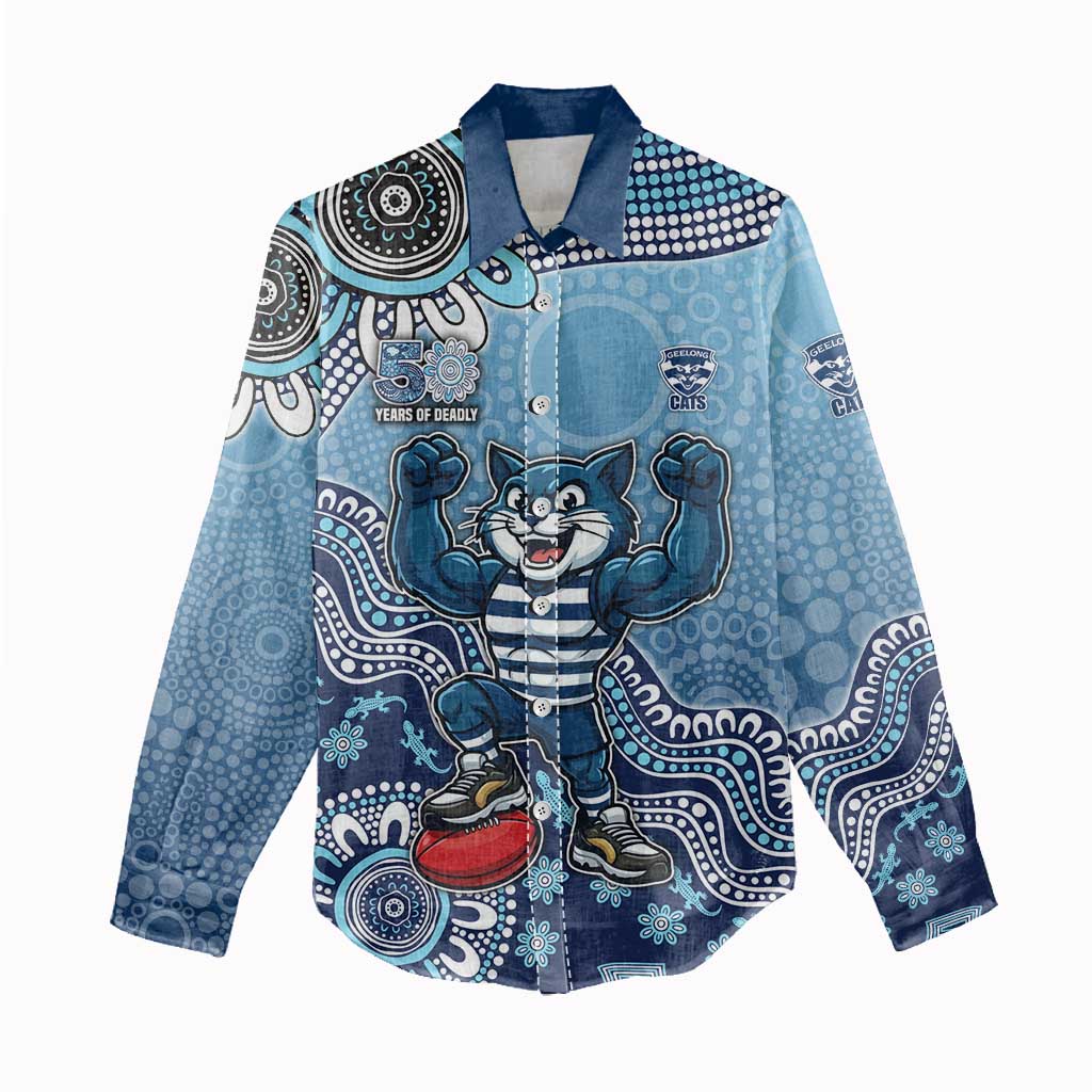 Personalized Geelong Cats Football Mascot Women Casual Shirt Aboriginal Dot Art Style Vibrant Indigenous Pattern Design