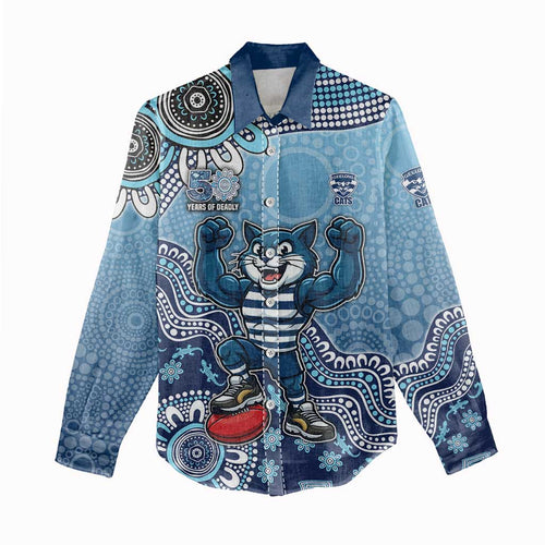 Personalized Geelong Cats Football Mascot Women Casual Shirt Aboriginal Dot Art Style Vibrant Indigenous Pattern Design