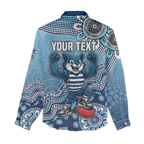 Personalized Geelong Cats Football Mascot Women Casual Shirt Aboriginal Dot Art Style Vibrant Indigenous Pattern Design