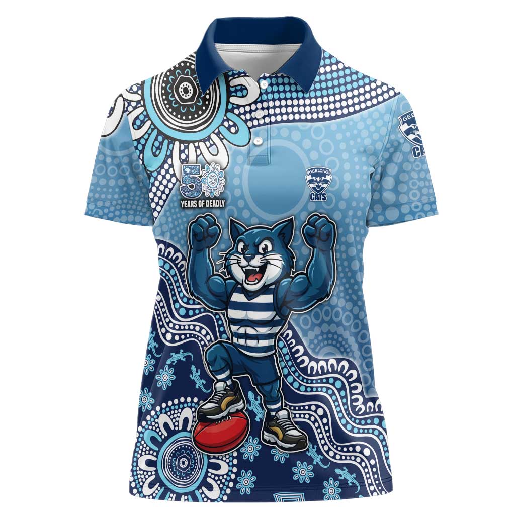 Personalized Geelong Cats Football Mascot Women Polo Shirt Aboriginal Dot Art Style Vibrant Indigenous Pattern Design