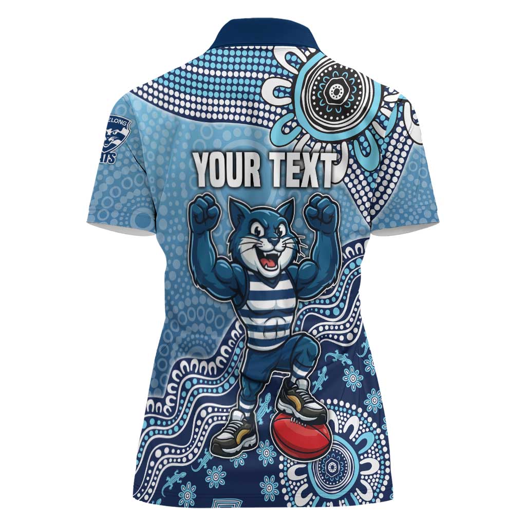 Personalized Geelong Cats Football Mascot Women Polo Shirt Aboriginal Dot Art Style Vibrant Indigenous Pattern Design