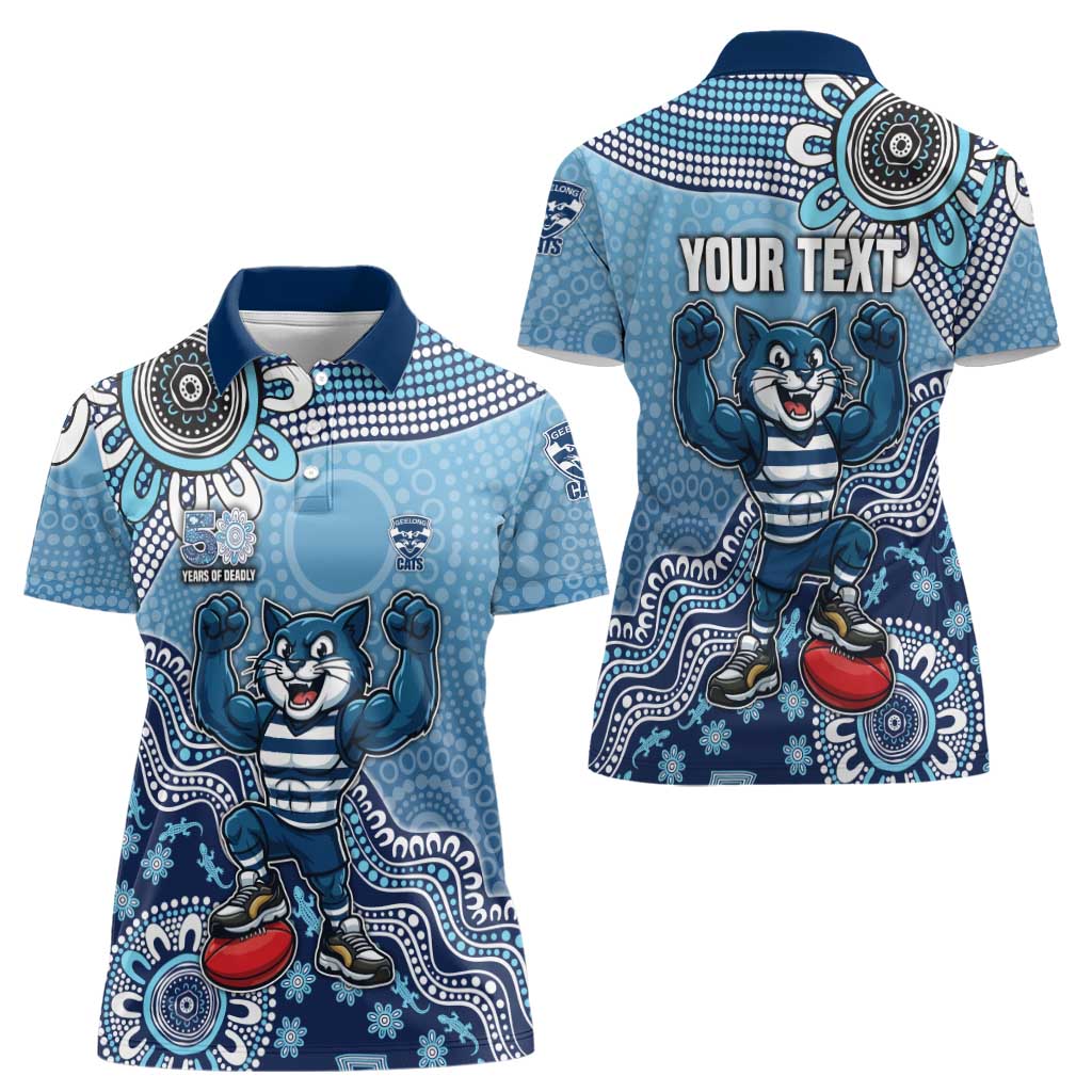 Personalized Geelong Cats Football Mascot Women Polo Shirt Aboriginal Dot Art Style Vibrant Indigenous Pattern Design