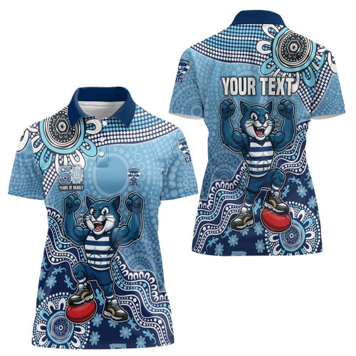 Personalized Geelong Cats Football Mascot Women Polo Shirt Aboriginal Dot Art Style Vibrant Indigenous Pattern Design
