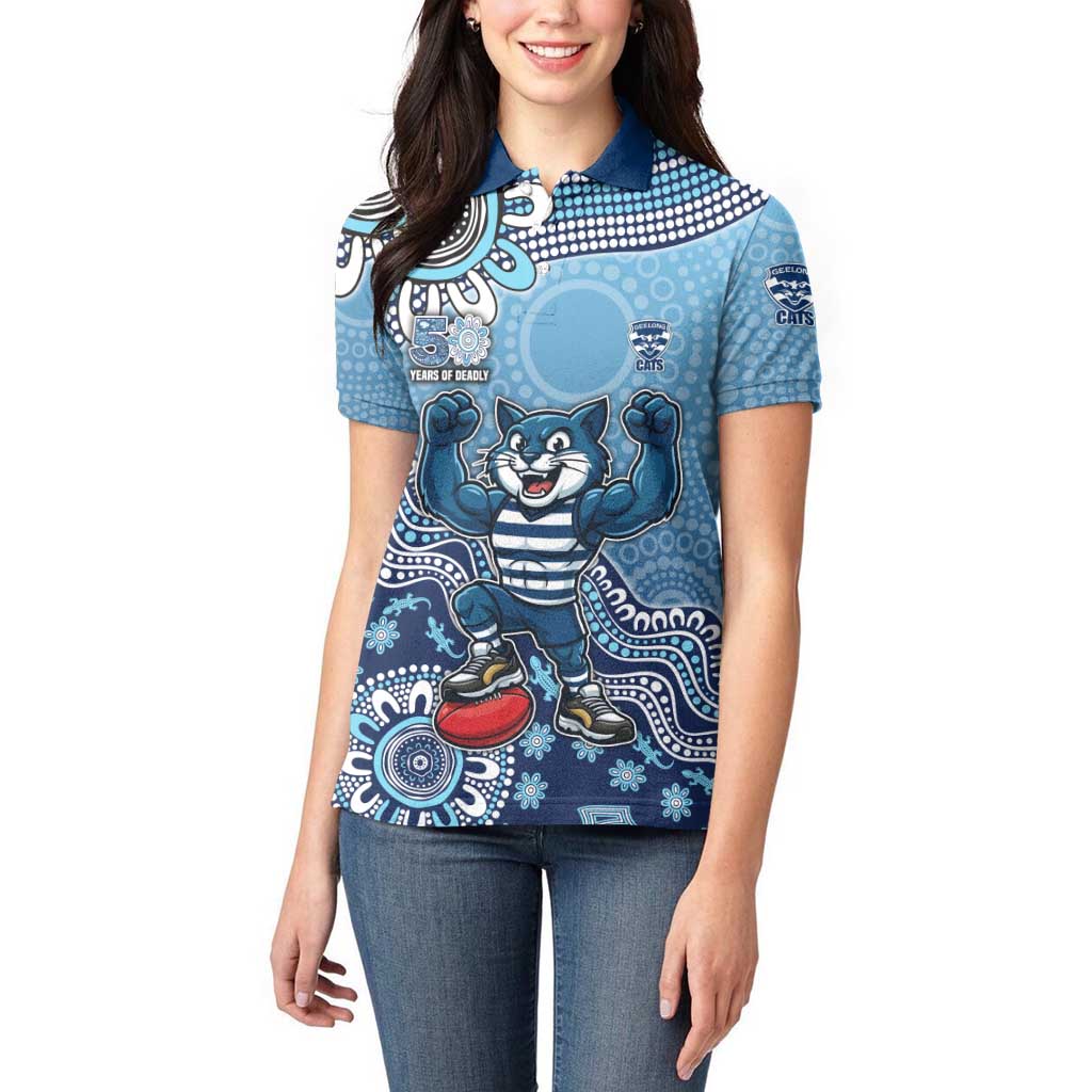 Personalized Geelong Cats Football Mascot Women Polo Shirt Aboriginal Dot Art Style Vibrant Indigenous Pattern Design