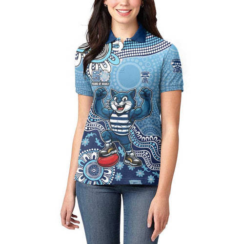 Personalized Geelong Cats Football Mascot Women Polo Shirt Aboriginal Dot Art Style Vibrant Indigenous Pattern Design