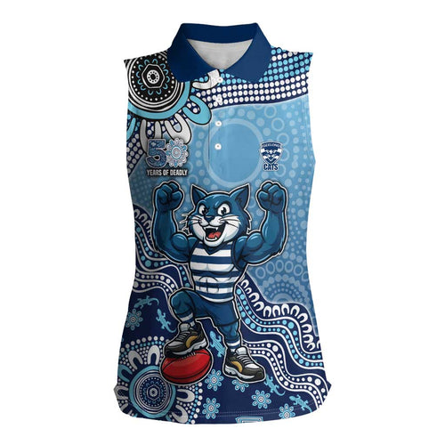Personalized Geelong Cats Football Mascot Women Sleeveless Polo Shirt Aboriginal Dot Art Style Vibrant Indigenous Pattern Design