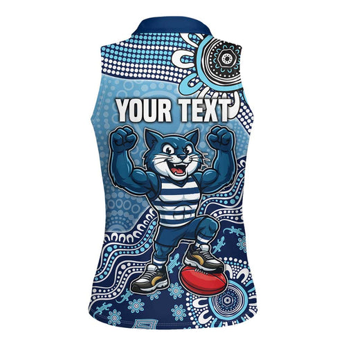 Personalized Geelong Cats Football Mascot Women Sleeveless Polo Shirt Aboriginal Dot Art Style Vibrant Indigenous Pattern Design