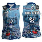 Personalized Geelong Cats Football Mascot Women Sleeveless Polo Shirt Aboriginal Dot Art Style Vibrant Indigenous Pattern Design