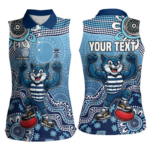 Personalized Geelong Cats Football Mascot Women Sleeveless Polo Shirt Aboriginal Dot Art Style Vibrant Indigenous Pattern Design