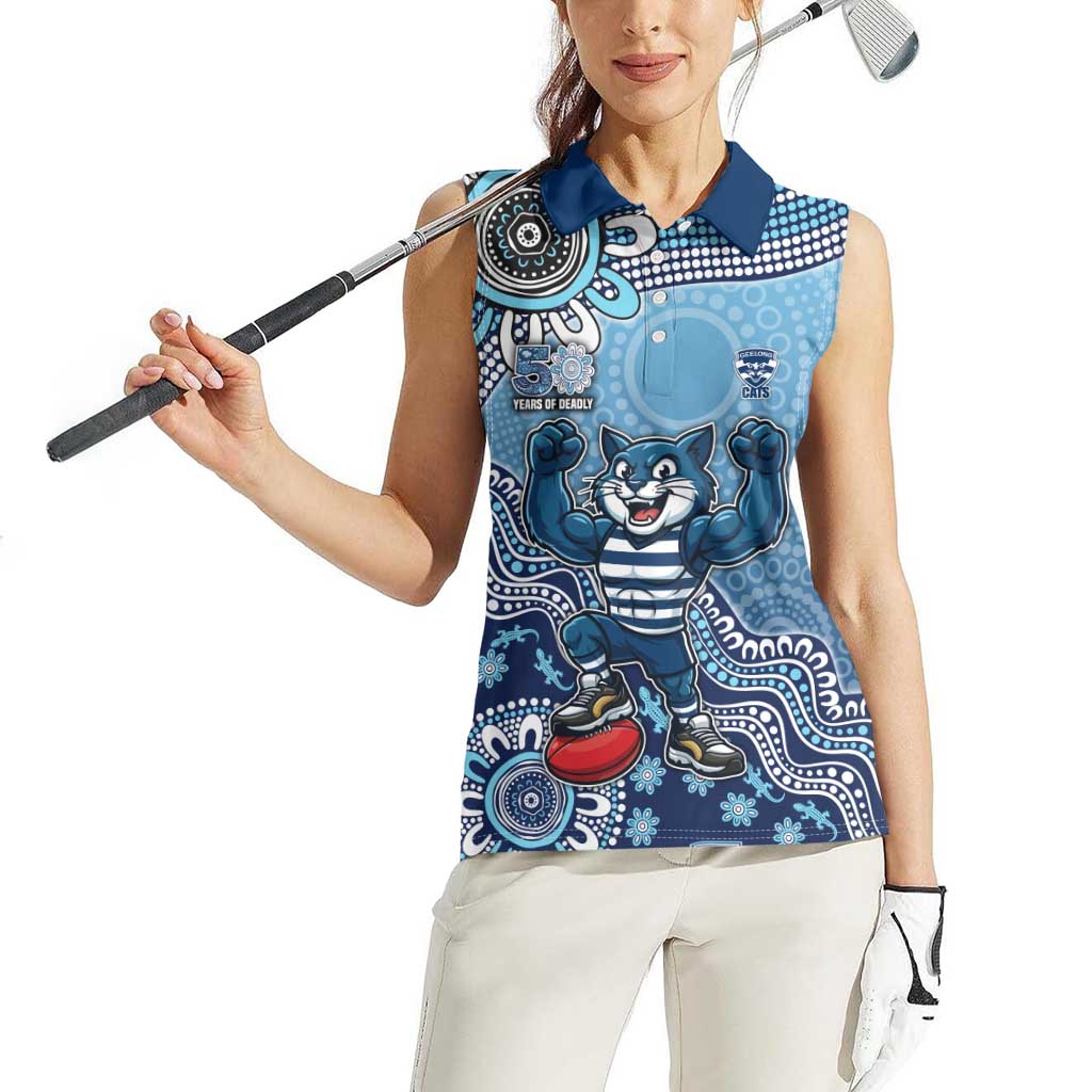 Personalized Geelong Cats Football Mascot Women Sleeveless Polo Shirt Aboriginal Dot Art Style Vibrant Indigenous Pattern Design