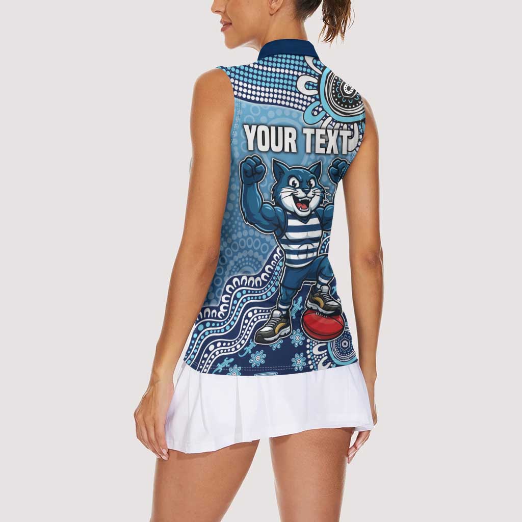 Personalized Geelong Cats Football Mascot Women Sleeveless Polo Shirt Aboriginal Dot Art Style Vibrant Indigenous Pattern Design