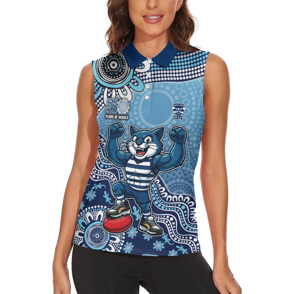 Personalized Geelong Cats Football Mascot Women Sleeveless Polo Shirt Aboriginal Dot Art Style Vibrant Indigenous Pattern Design