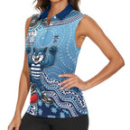Personalized Geelong Cats Football Mascot Women Sleeveless Polo Shirt Aboriginal Dot Art Style Vibrant Indigenous Pattern Design