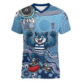 Personalized Geelong Cats Football Mascot Women V-Neck T-Shirt Aboriginal Dot Art Style Vibrant Indigenous Pattern Design