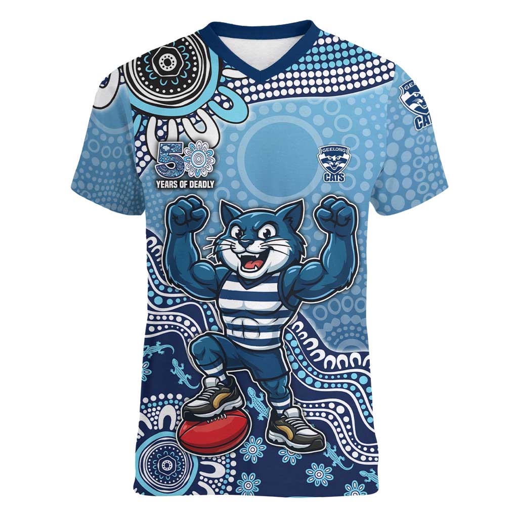 Personalized Geelong Cats Football Mascot Women V-Neck T-Shirt Aboriginal Dot Art Style Vibrant Indigenous Pattern Design