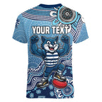 Personalized Geelong Cats Football Mascot Women V-Neck T-Shirt Aboriginal Dot Art Style Vibrant Indigenous Pattern Design
