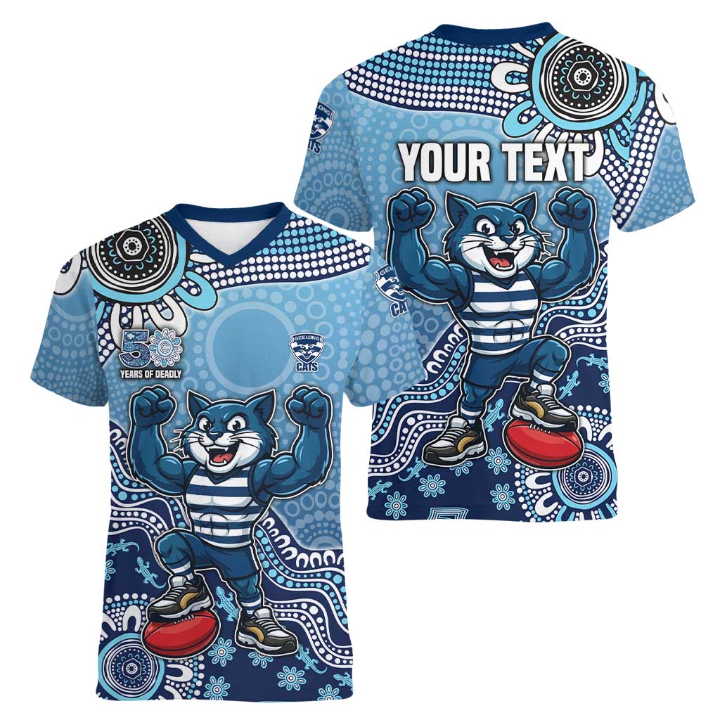Personalized Geelong Cats Football Mascot Women V-Neck T-Shirt Aboriginal Dot Art Style Vibrant Indigenous Pattern Design