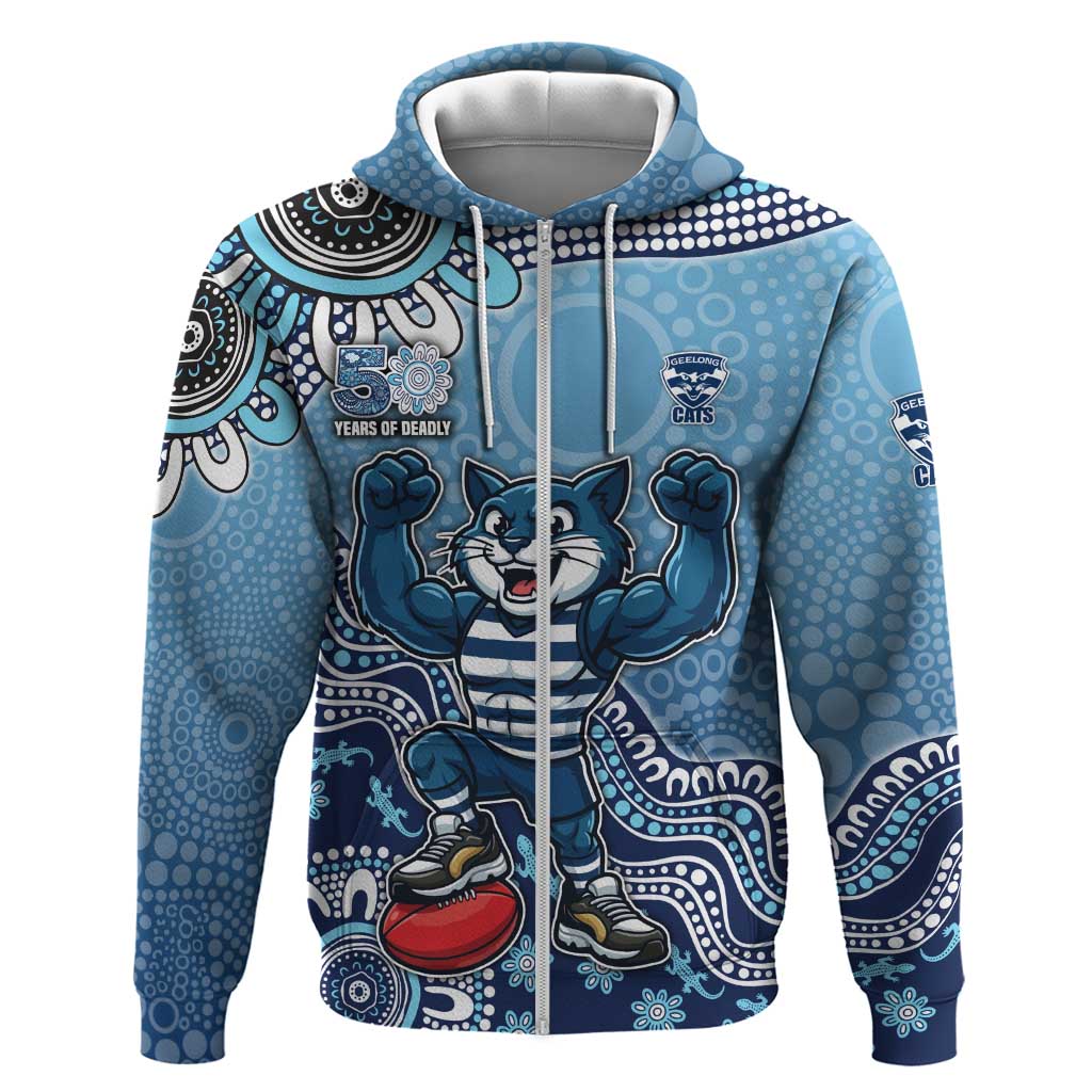 Personalized Geelong Cats Football Mascot Zip Hoodie Aboriginal Dot Art Style Vibrant Indigenous Pattern Design