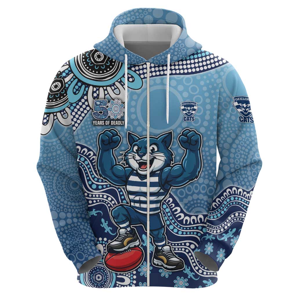 Personalized Geelong Cats Football Mascot Zip Hoodie Aboriginal Dot Art Style Vibrant Indigenous Pattern Design